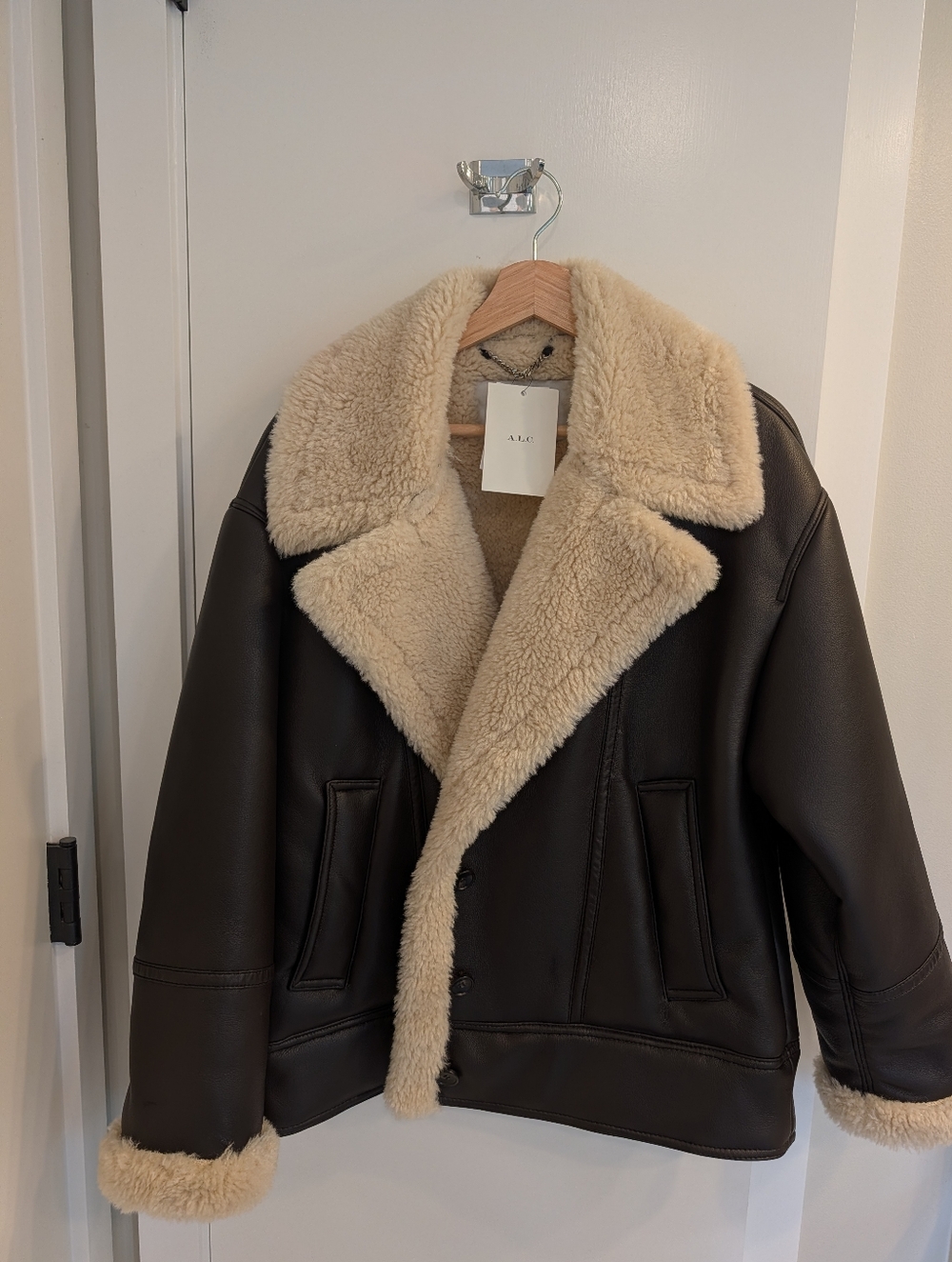 A.L.C. Dark Brown Leather Jacket with Cream Shearling Collar